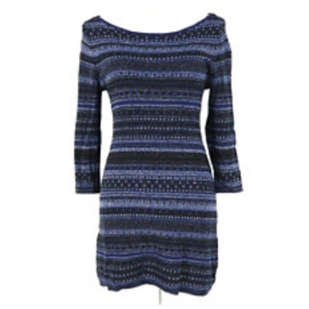 White House Black Market Sweater Large black Blue Stripe Knit Cut Out Tunic WHBM